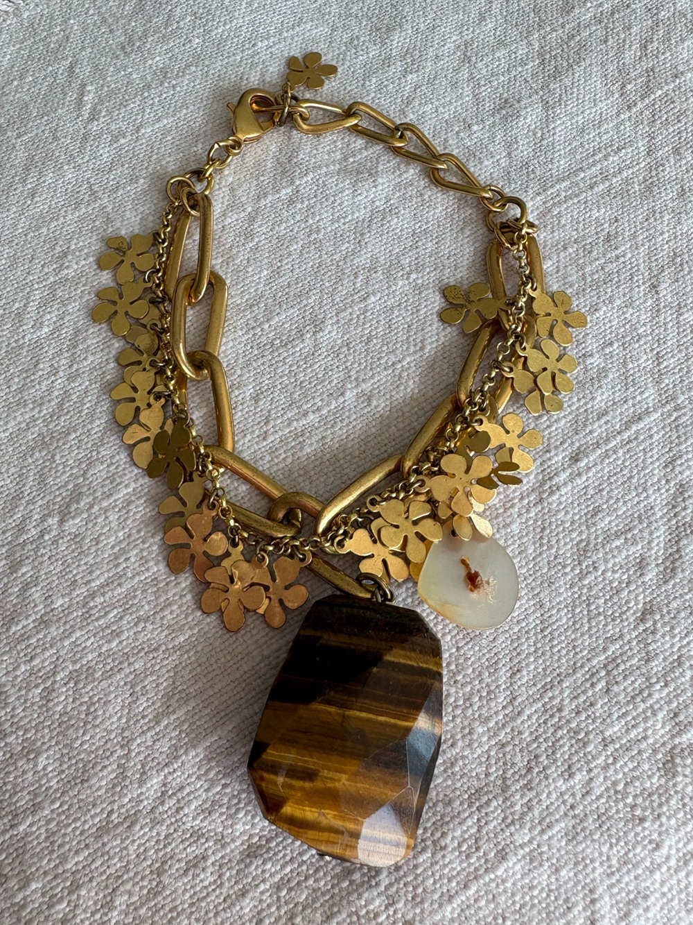 Gold Tone Floral Chain Bracelet with Tiger's Eye Pendant Boho Chic Feminine